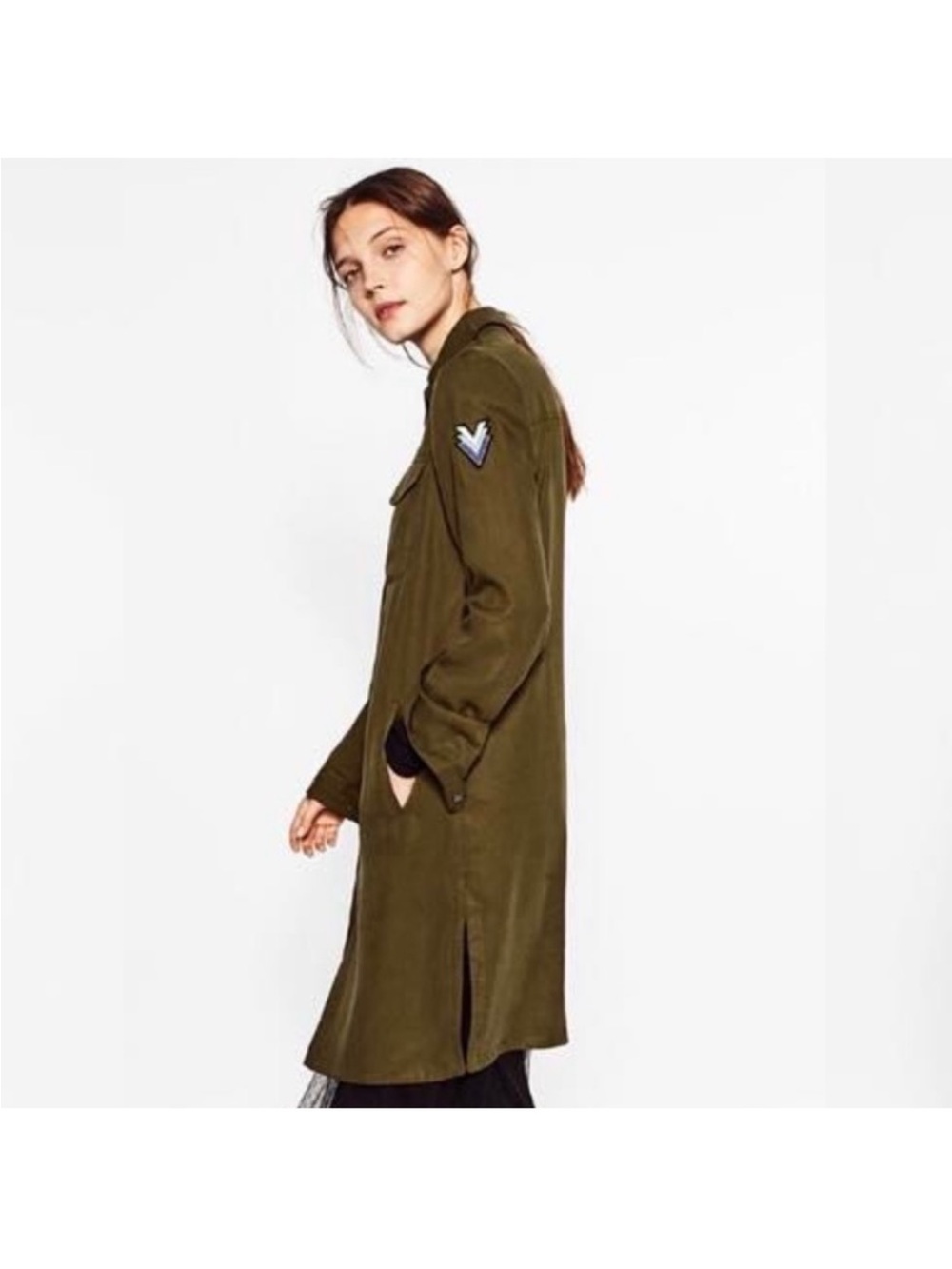 Zara Olive Army Green Patch Long Duster Jacket